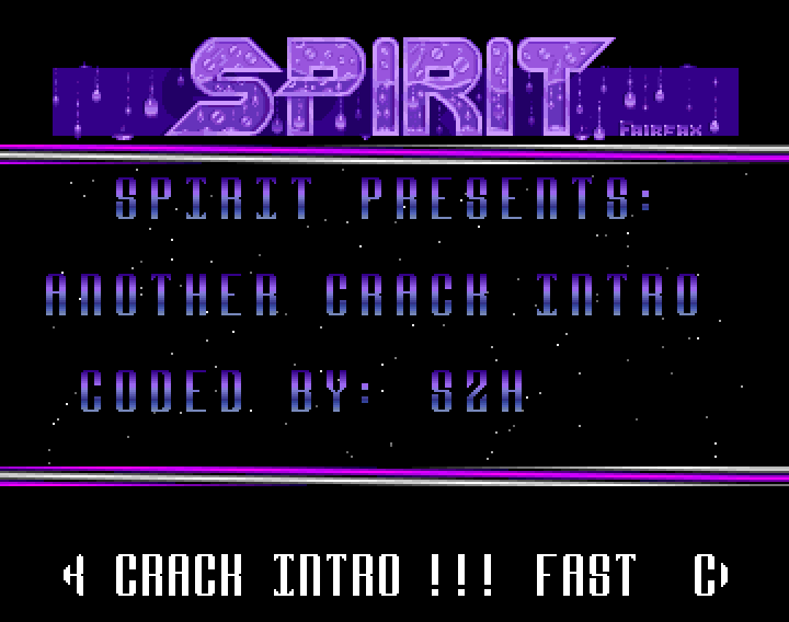 Another great combination of all the essential ingredients. Cool logo, even cooler text font, scrolling starfield and a scroll-text running along the bottom. Vintage stuff.